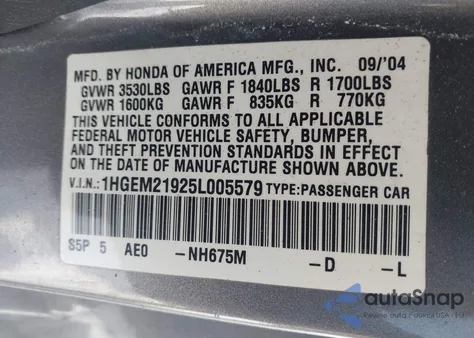 2005 Honda Civic Ex from USA, damaged, VIN 1HGEM21925L005579